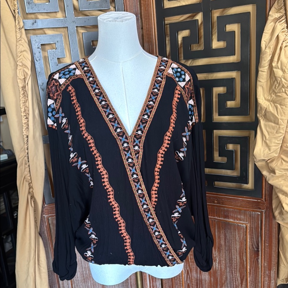 Embroidered Black and Orange Women's Top
